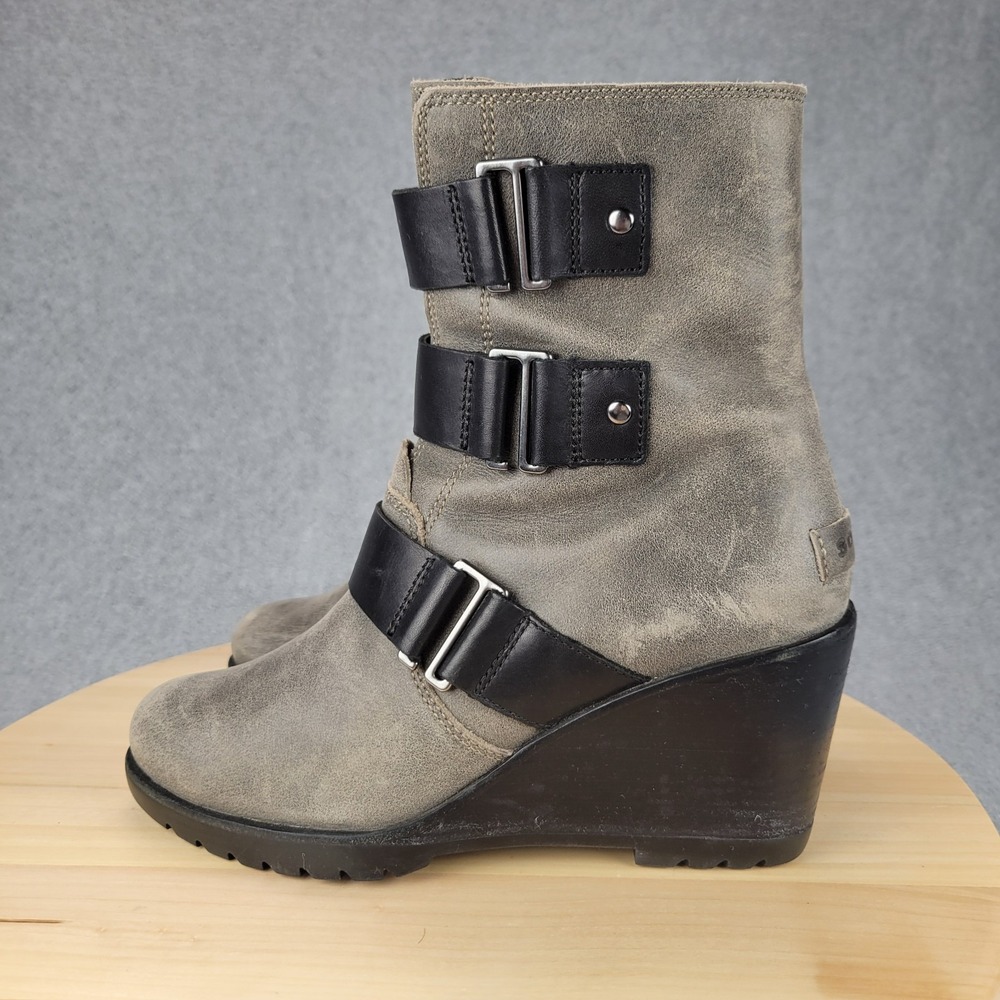 Sorel After Hours Boots Women's 7.5 Gray Leather Mid Calf Zip Wedge Waterproof